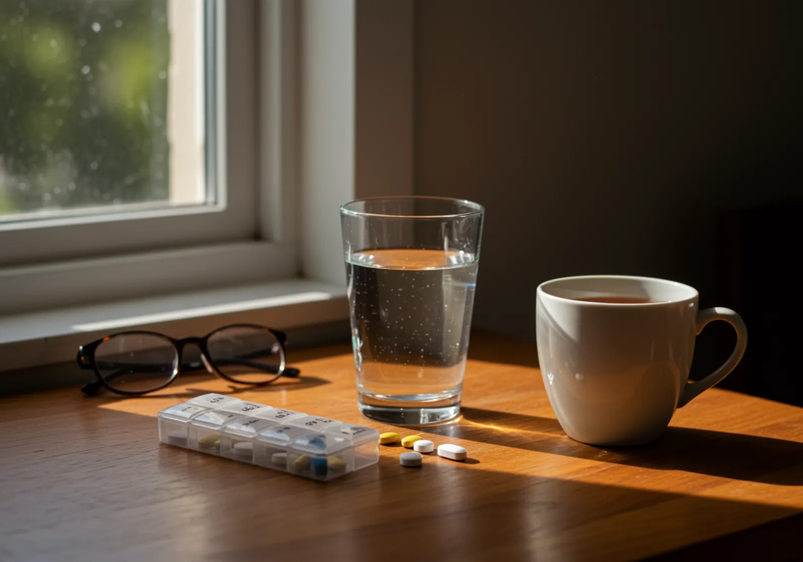 Morning medication and tea in warm light
