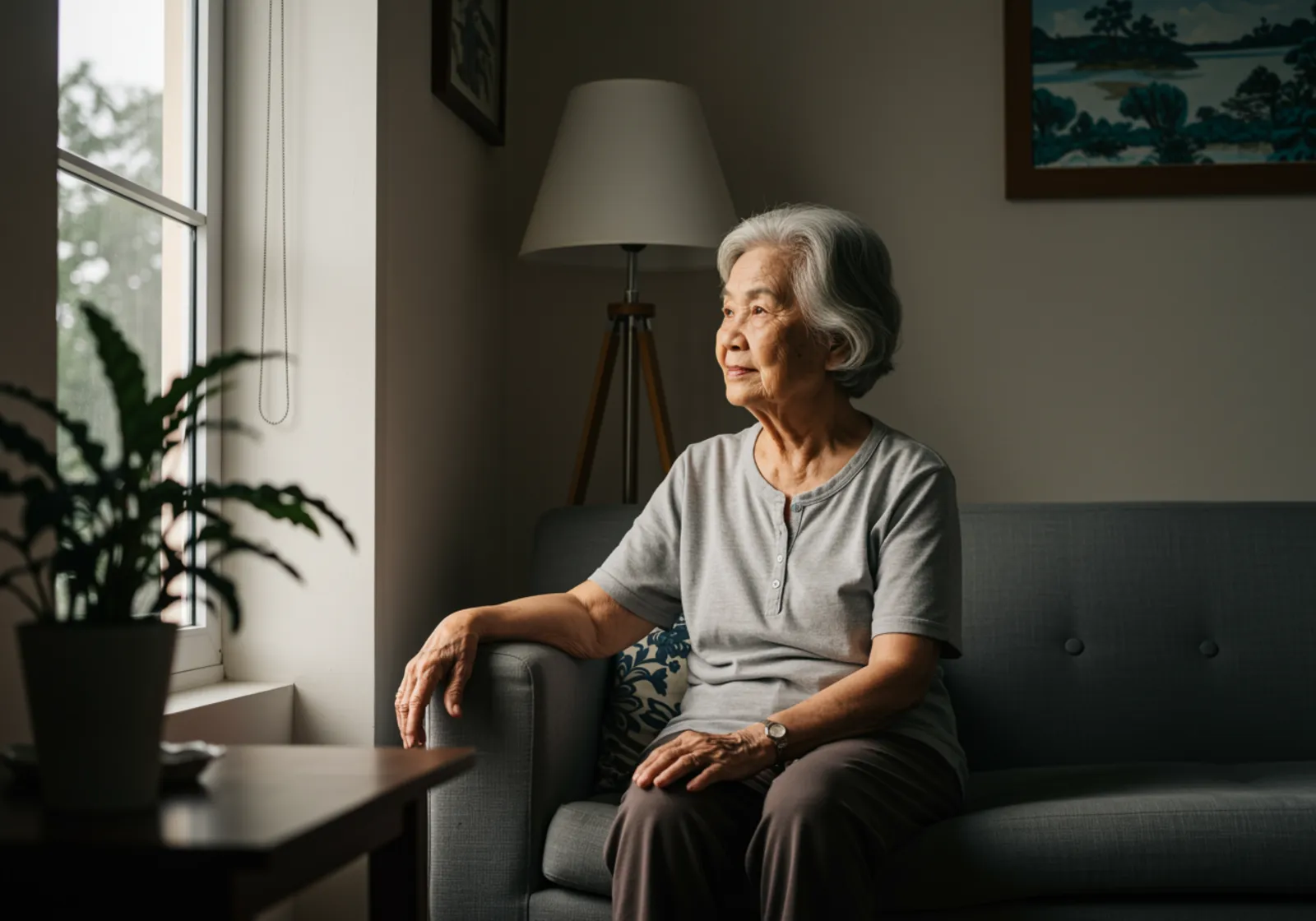 A dignified elderly woman at peace by a window