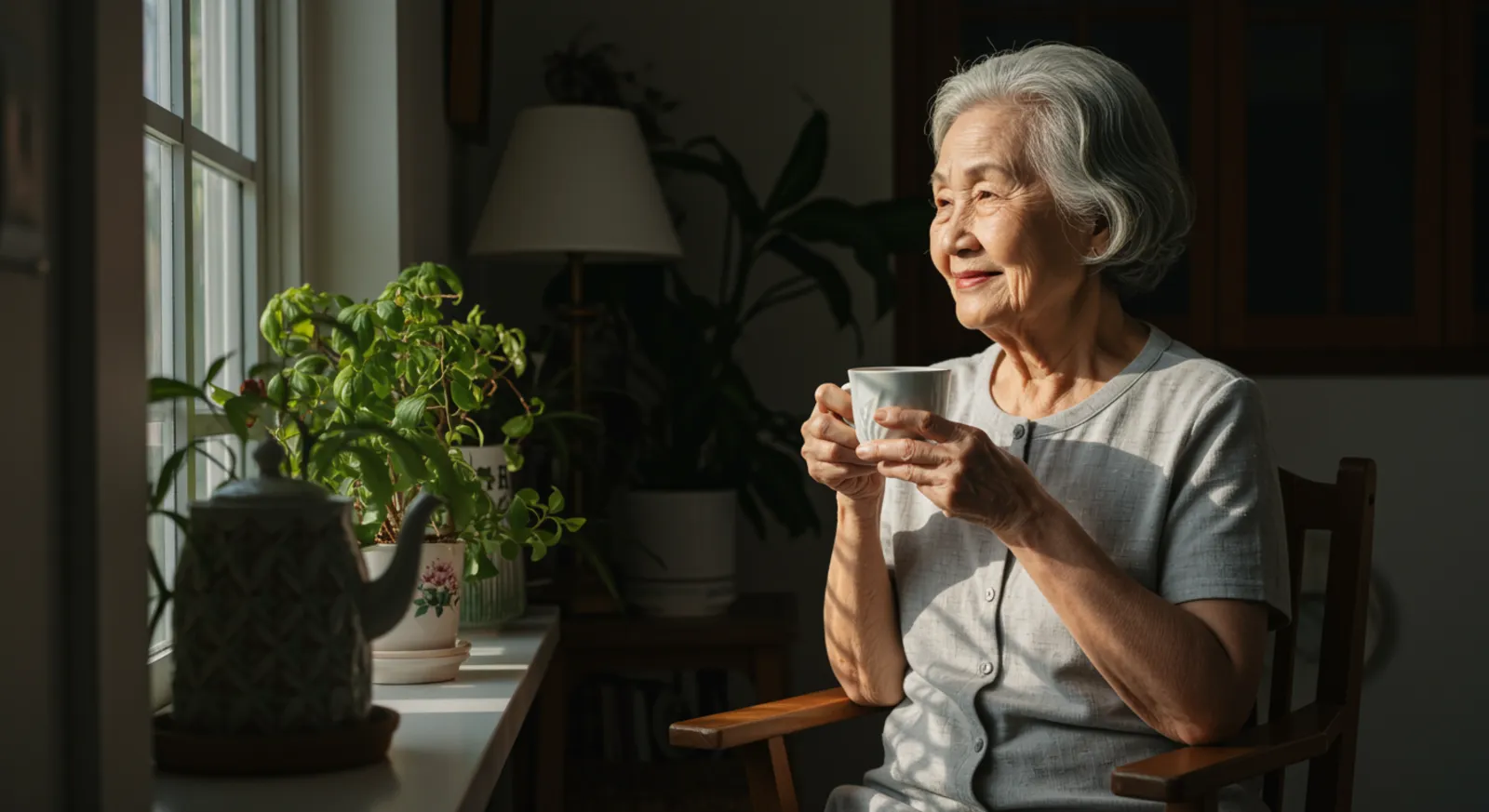 An elderly woman at home in the morning light, holding a cup of tea by the window