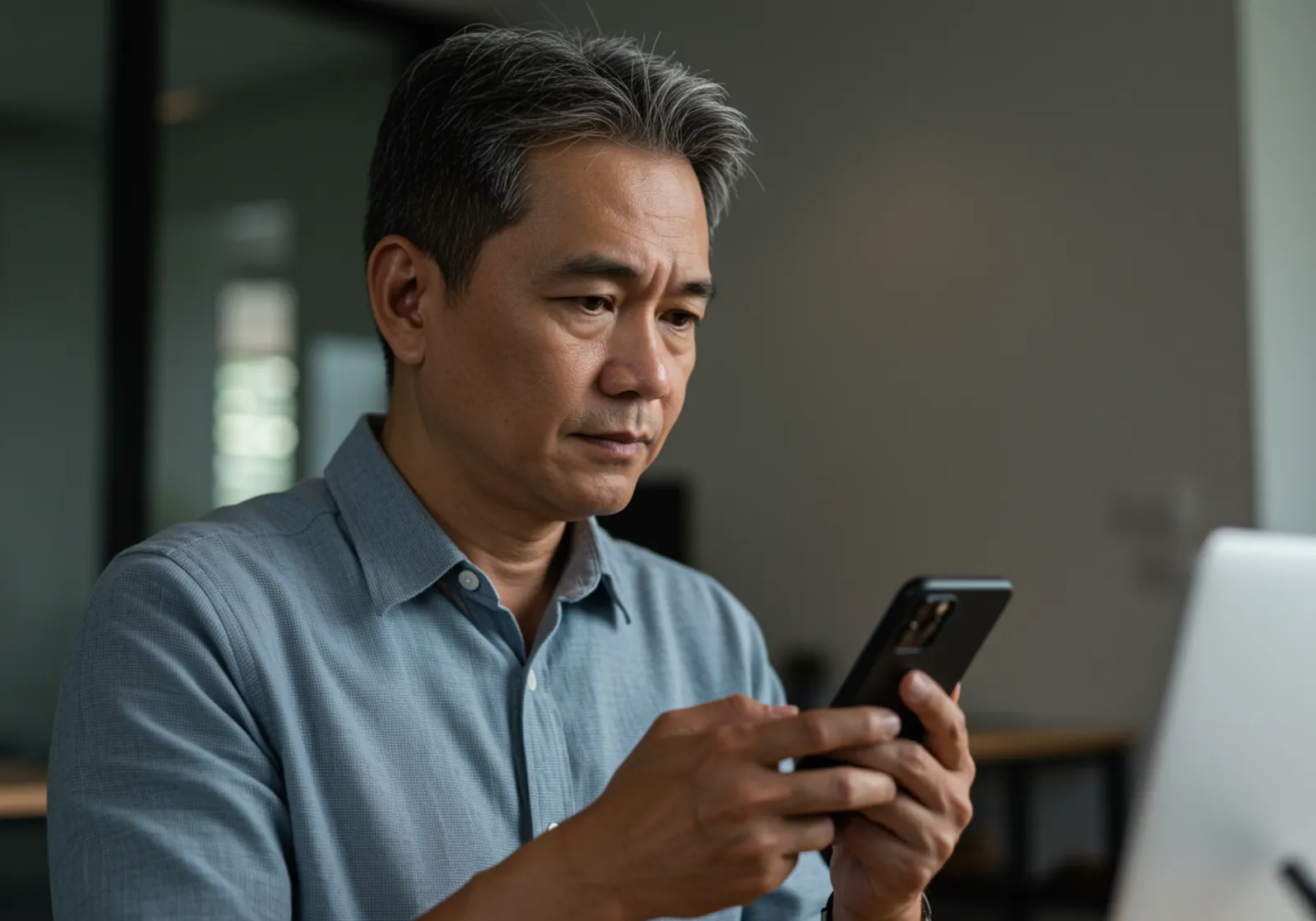 An adult child glancing at a phone with concern